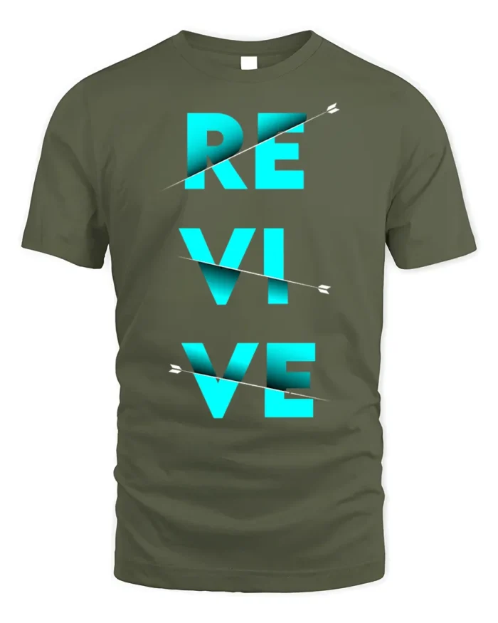 Revive Graphic T-Shirt Bold Blue Motivational Arrow - military green t-shirt on white background