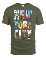 New York City Landmarks T-Shirt NYC Skyline Graphic - military green t-shirt on white background