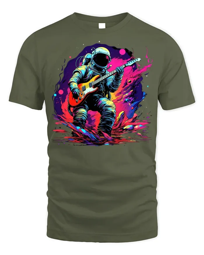 Astronaut Playing Guitar T-Shirt Space Rock Music - military green t-shirt on white background
