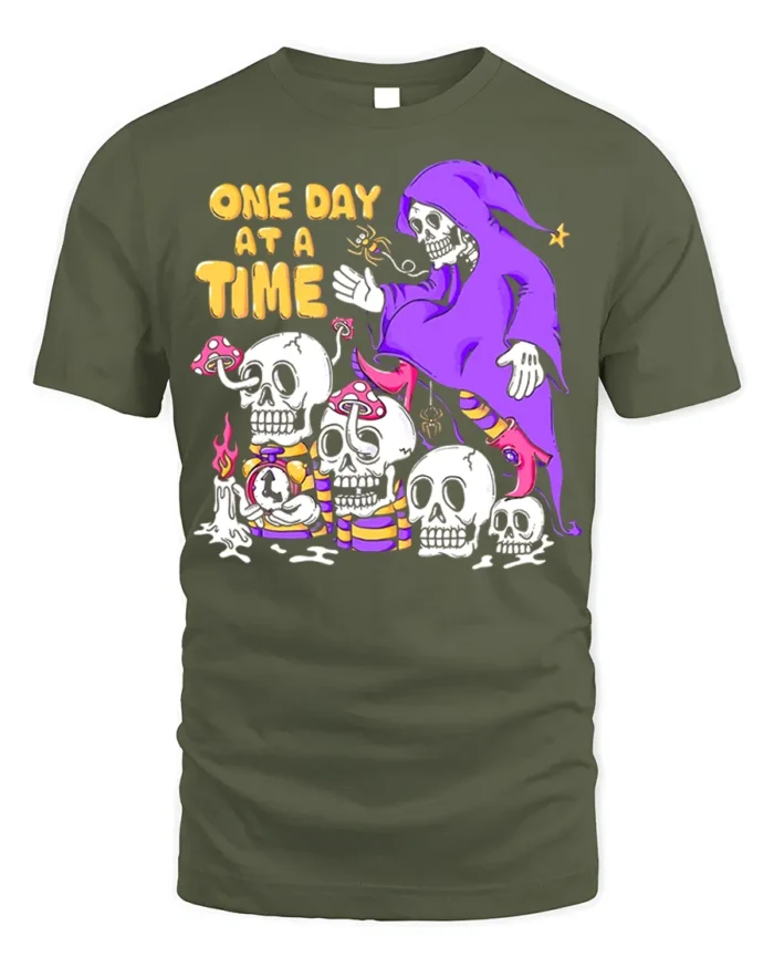 One Day at a Time Skeleton T-Shirt Grim Reaper Graphic - military green t-shirt on white background