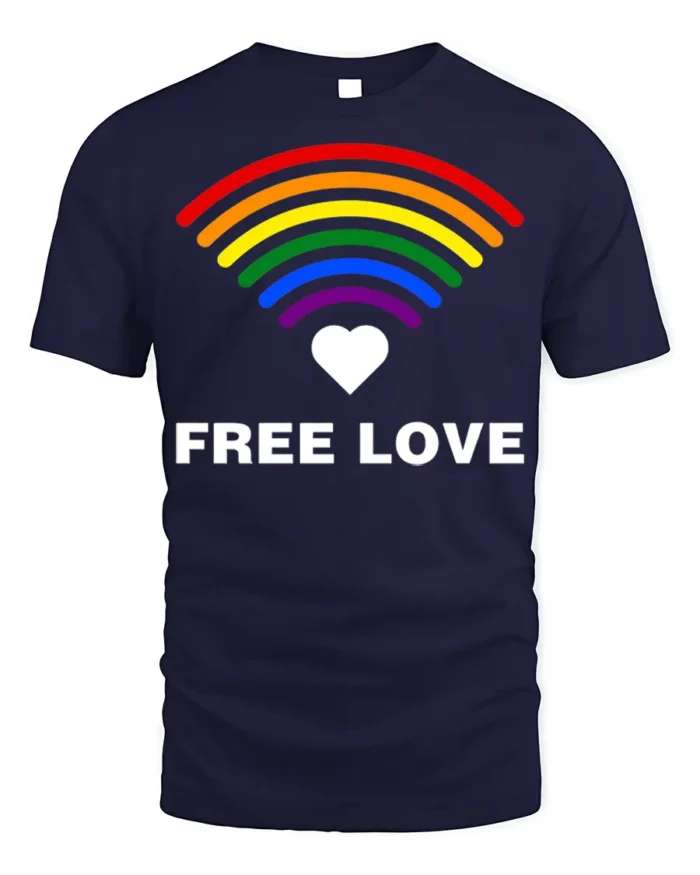 Free Love Rainbow Heart LGBTQ Pride T-Shirt Unisex Soft - navy t-shirt on white background