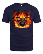 Flaming Drum Set T-Shirt Fire Music Graphic for Drummers - navy t-shirt on white background
