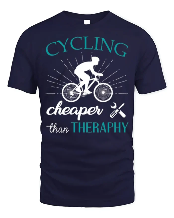 Cycling Cheaper Than Therapy T-Shirt for Bikers and Riders - navy t-shirt on white background