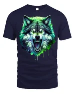 Neon Wolf T-Shirt Fierce Glowing Wild Animal Graphic - navy t-shirt on white background