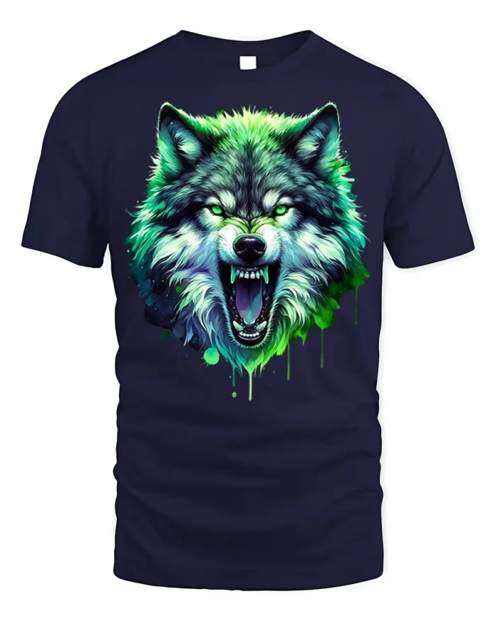Neon Wolf T-Shirt Fierce Glowing Wild Animal Graphic - navy t-shirt on white background