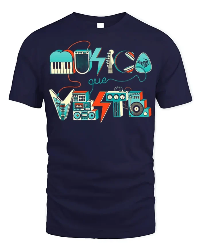 Retro Musica Que Viste T-Shirt Vintage Music Graphic - navy t-shirt on white background