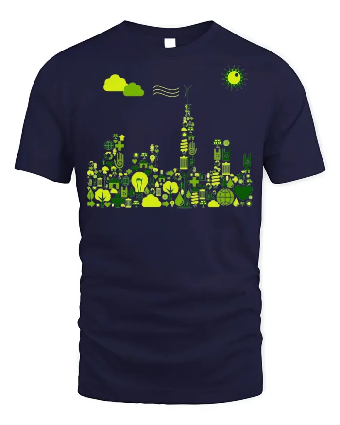 Eco City Skyline T-Shirt Sustainable Green Energy - navy t-shirt on white background