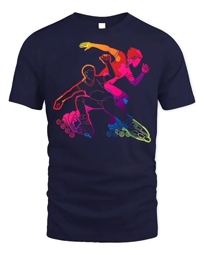 Colorful Inline Skating T-Shirt Rollerblade Action - navy t-shirt on white background