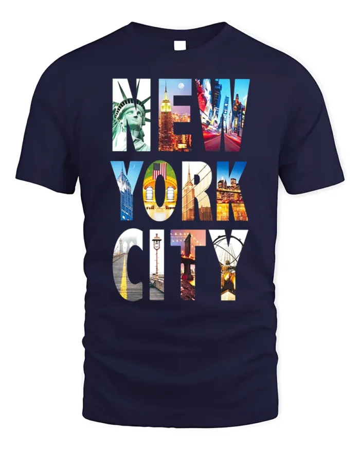 New York City Landmarks T-Shirt NYC Skyline Graphic - navy t-shirt on white background