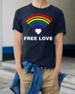 Free Love Rainbow Heart LGBTQ Pride T-Shirt Unisex Soft - model wearing navy shirt, hands in pockets