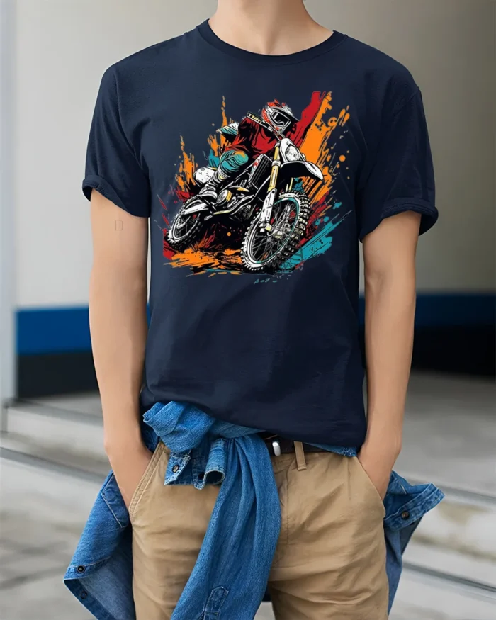 Motocross Dirt Bike T-Shirt Extreme Rider Graphic - model wearing navy shirt, hands in pockets