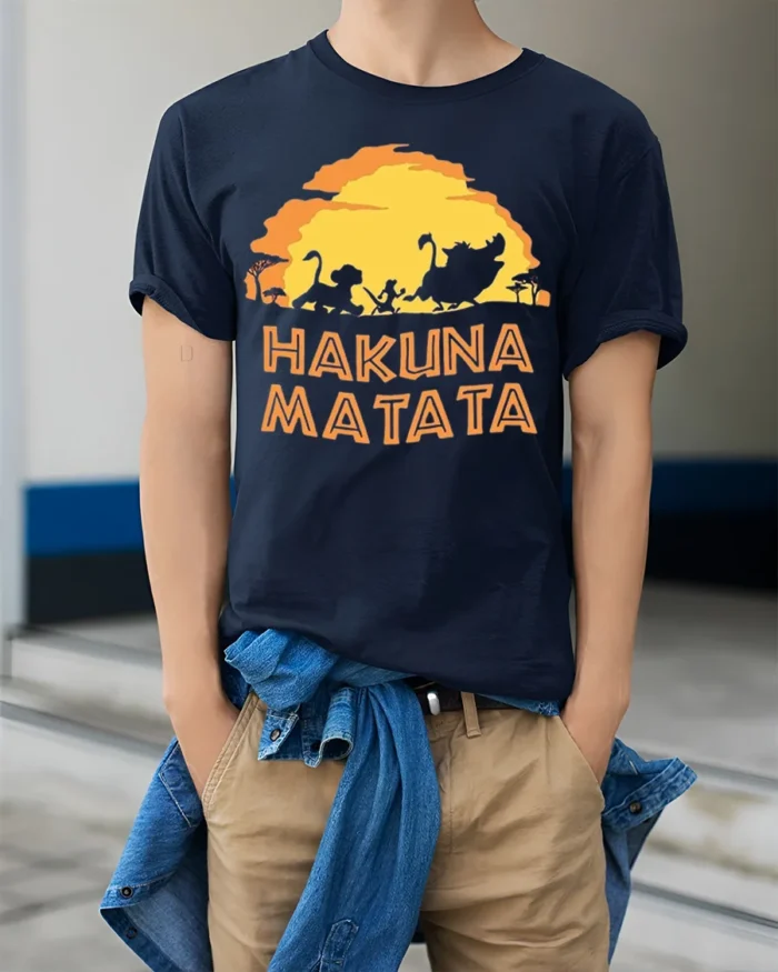 Hakuna Matata Sunset T-Shirt Carefree Jungle Vibes - model wearing navy shirt, hands in pockets