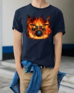 Flaming Drum Set T-Shirt Fire Music Graphic for Drummers - model wearing navy shirt, hands in pockets