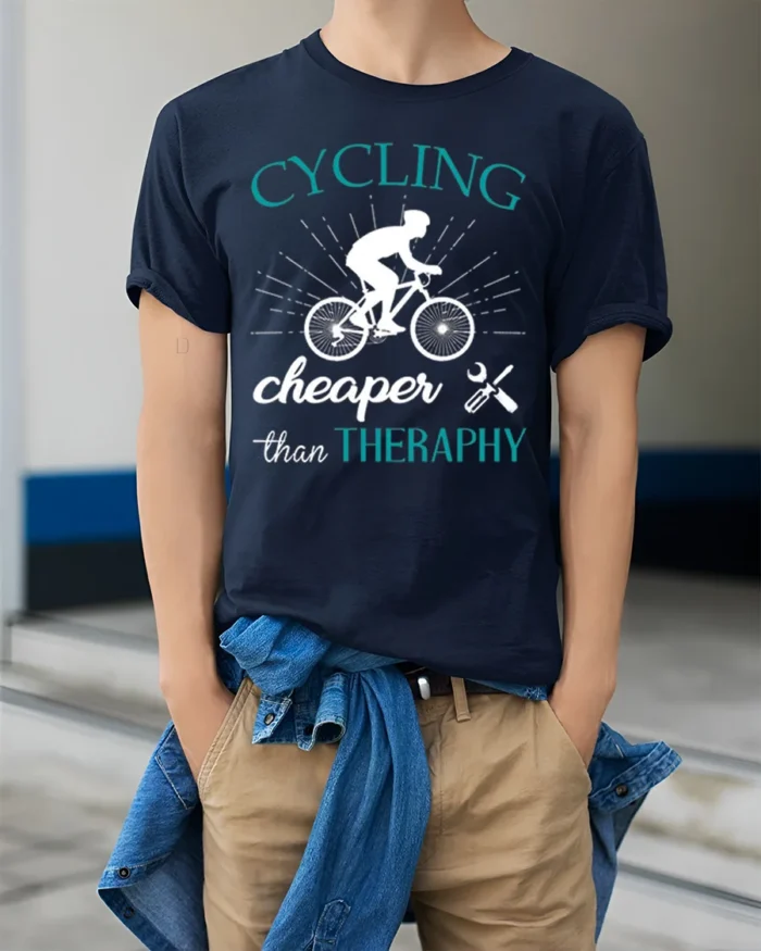 Cycling Cheaper Than Therapy T-Shirt for Bikers and Riders - model wearing navy shirt, hands in pockets