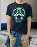 Neon Wolf T-Shirt Fierce Glowing Wild Animal Graphic - model wearing navy shirt, hands in pockets