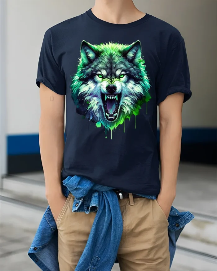 Neon Wolf T-Shirt Fierce Glowing Wild Animal Graphic - model wearing navy shirt, hands in pockets