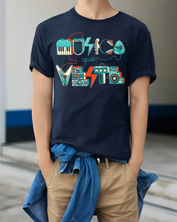 Retro Musica Que Viste T-Shirt Vintage Music Graphic - model wearing navy shirt, hands in pockets