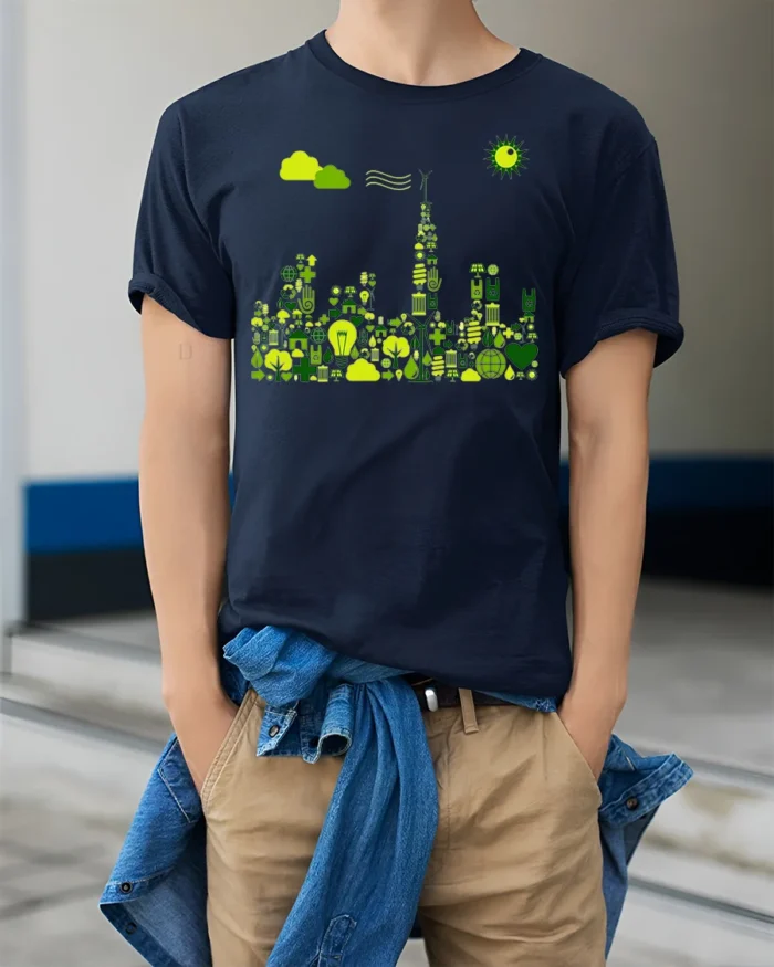 Eco City Skyline T-Shirt Sustainable Green Energy - model wearing navy shirt, hands in pockets