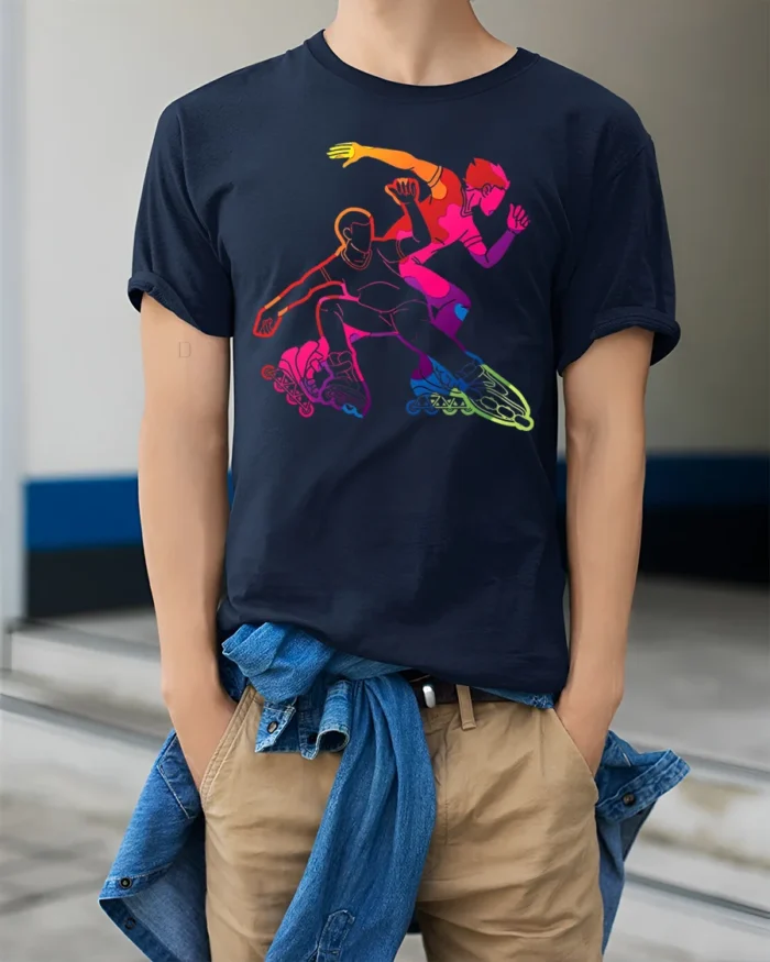 Colorful Inline Skating T-Shirt Rollerblade Action - model wearing navy shirt, hands in pockets