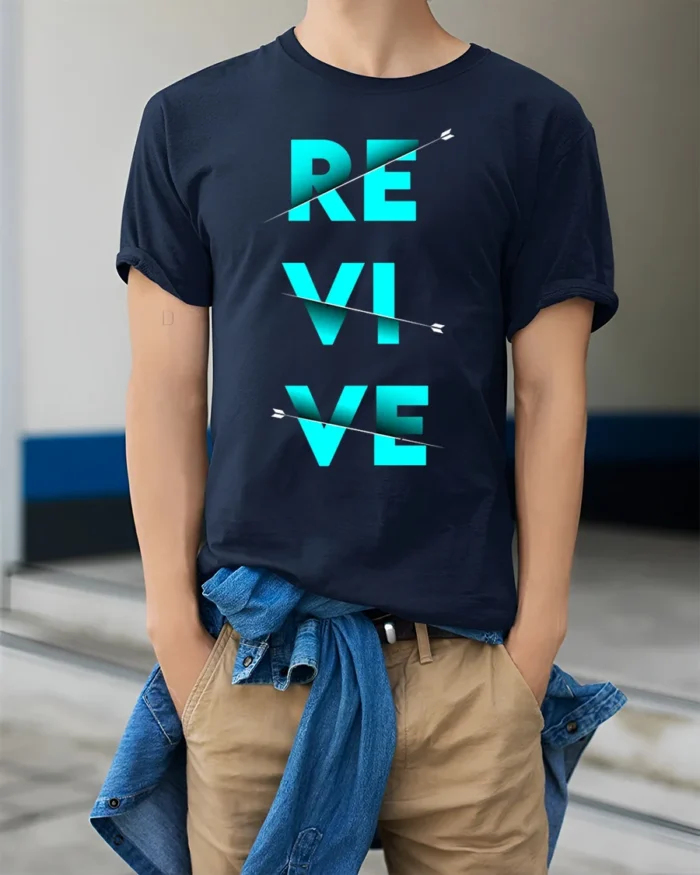 Revive Graphic T-Shirt Bold Blue Motivational Arrow - model wearing navy shirt, hands in pockets