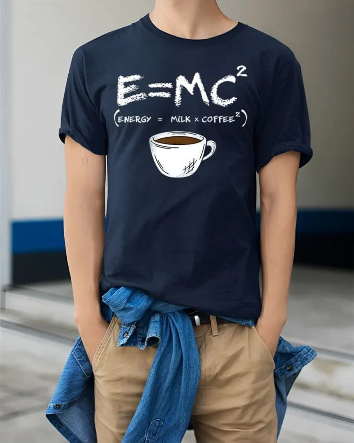 Funny Coffee Formula T-Shirt E=MC² Milk Coffee Energy - model wearing navy shirt, hands in pockets