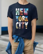 New York City Landmarks T-Shirt NYC Skyline Graphic - model wearing navy shirt, hands in pockets