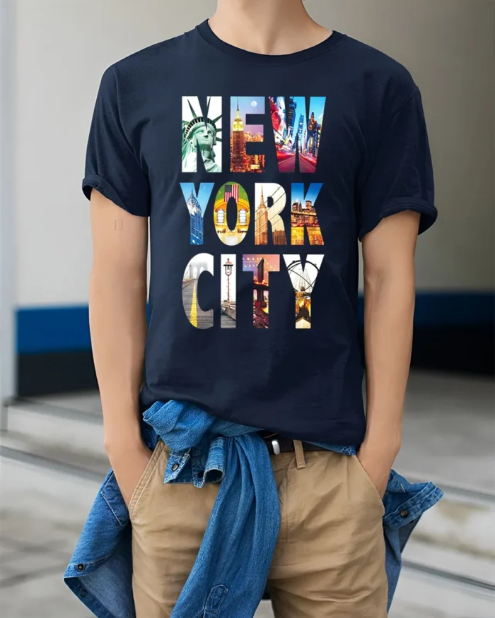 New York City Landmarks T-Shirt NYC Skyline Graphic - model wearing navy shirt, hands in pockets