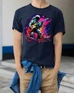 Astronaut Playing Guitar T-Shirt Space Rock Music - model wearing navy shirt, hands in pockets
