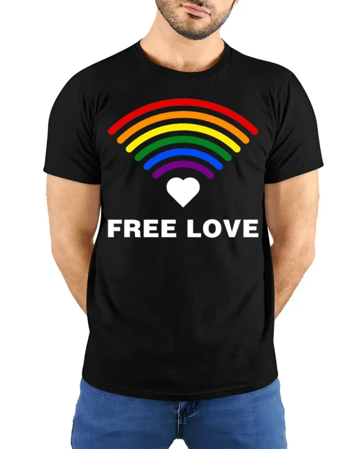 Free Love Rainbow Heart LGBTQ Pride T-Shirt Unisex Soft - model wearing black shirt, hands behind back