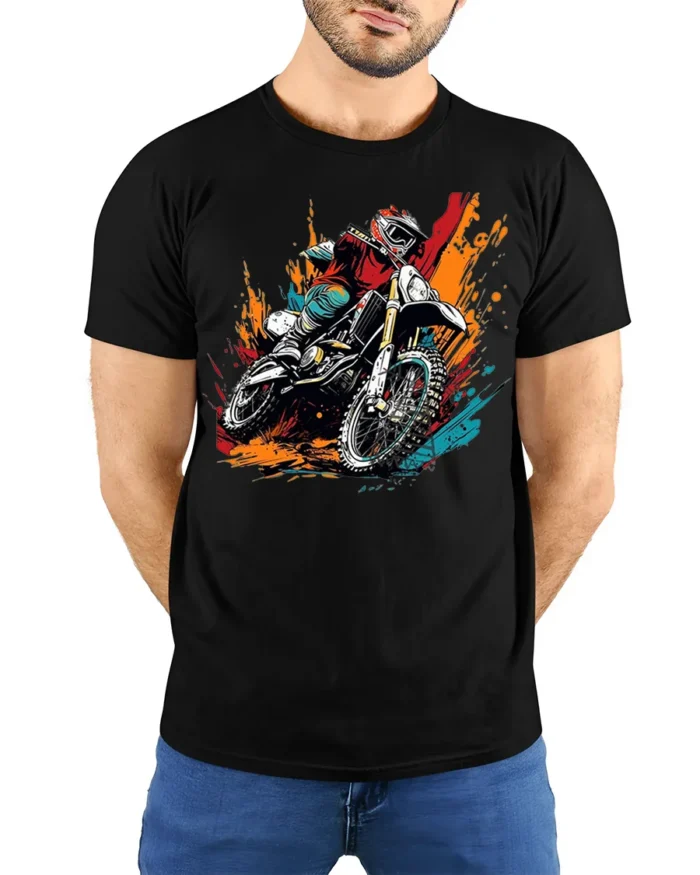 Motocross Dirt Bike T-Shirt Extreme Rider Graphic - model wearing black shirt, hands behind back
