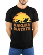 Hakuna Matata Sunset T-Shirt Carefree Jungle Vibes - model wearing black shirt, hands behind back