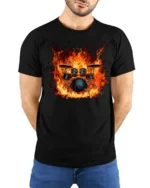Flaming Drum Set T-Shirt Fire Music Graphic for Drummers - model wearing black shirt, hands behind back