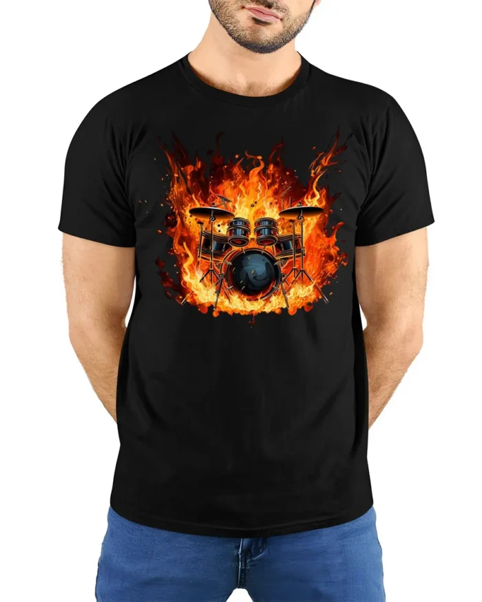 Flaming Drum Set T-Shirt Fire Music Graphic for Drummers - model wearing black shirt, hands behind back