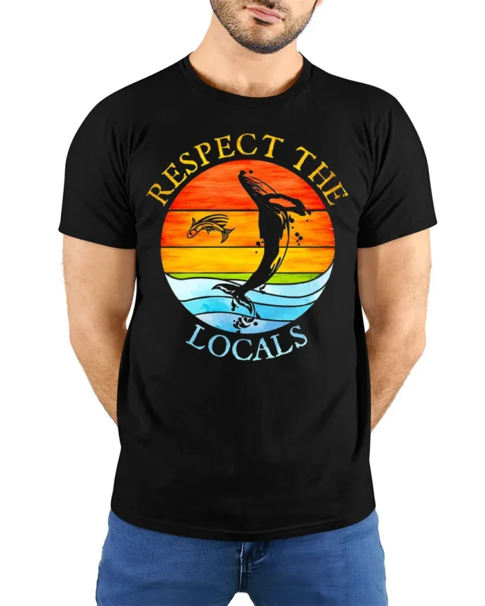 Respect the Locals T-Shirt Ocean Wildlife Sunset - model wearing black shirt, hands behind back