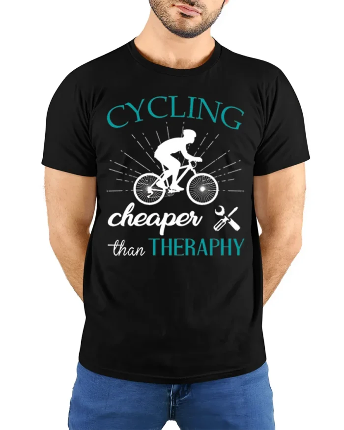 Cycling Cheaper Than Therapy T-Shirt for Bikers and Riders - model wearing black shirt, hands behind back