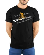 Cycling Journey T-Shirt It’s Not a Race Inspirational - model wearing black shirt, hands behind back