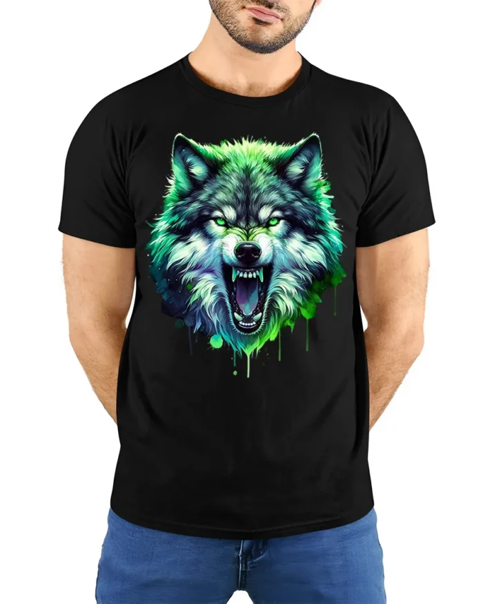 Neon Wolf T-Shirt Fierce Glowing Wild Animal Graphic - model wearing black shirt, hands behind back