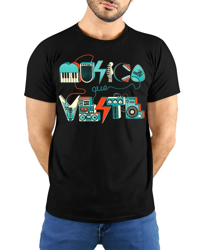 Retro Musica Que Viste T-Shirt Vintage Music Graphic - model wearing black shirt, hands behind back