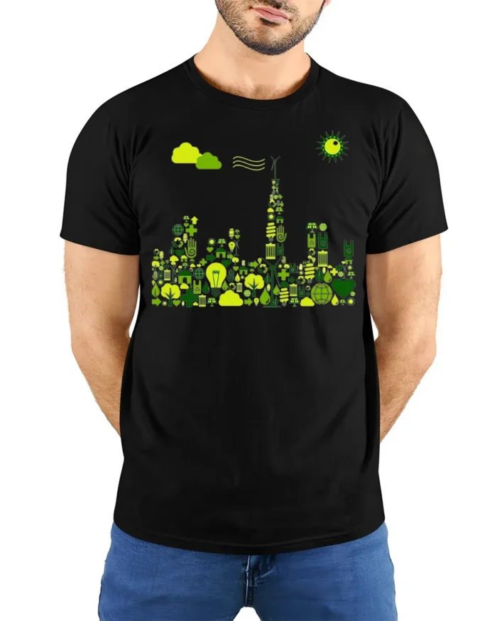 Eco City Skyline T-Shirt Sustainable Green Energy - model wearing black shirt, hands behind back