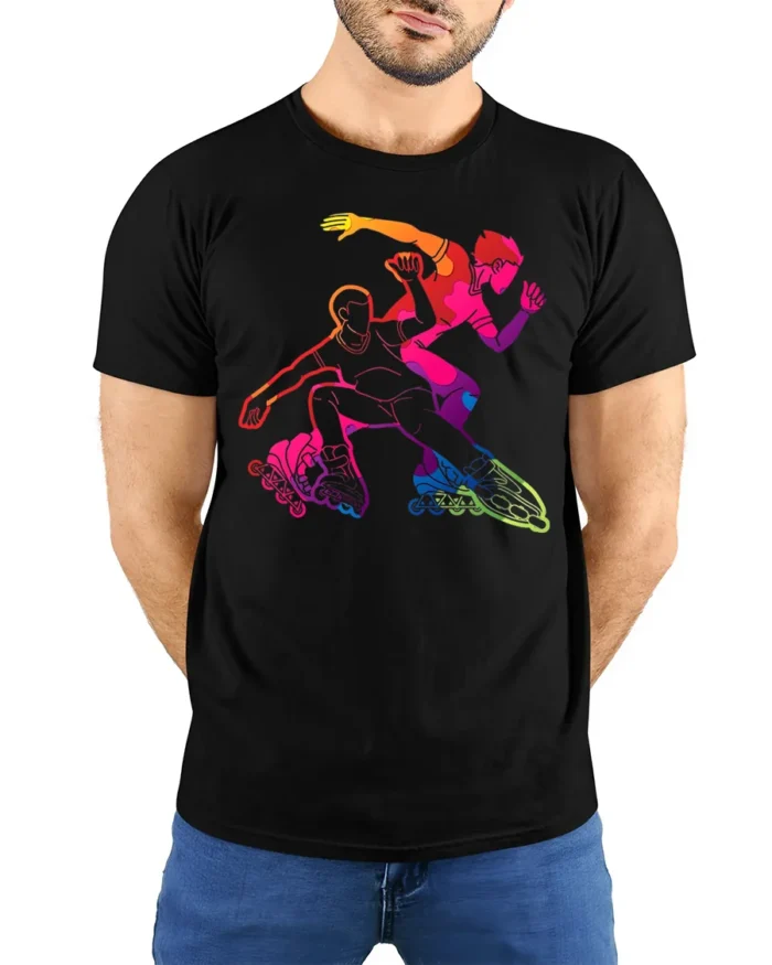 Colorful Inline Skating T-Shirt Rollerblade Action - model wearing black shirt, hands behind back
