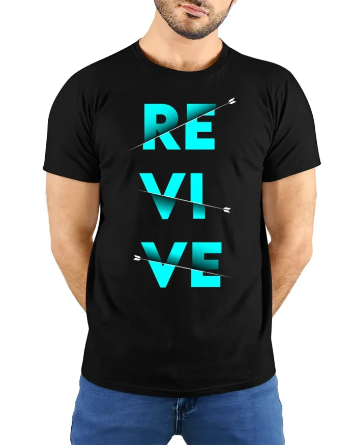 Revive Graphic T-Shirt Bold Blue Motivational Arrow - model wearing black shirt, hands behind back