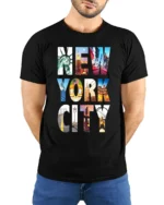 New York City Landmarks T-Shirt NYC Skyline Graphic - model wearing black shirt, hands behind back