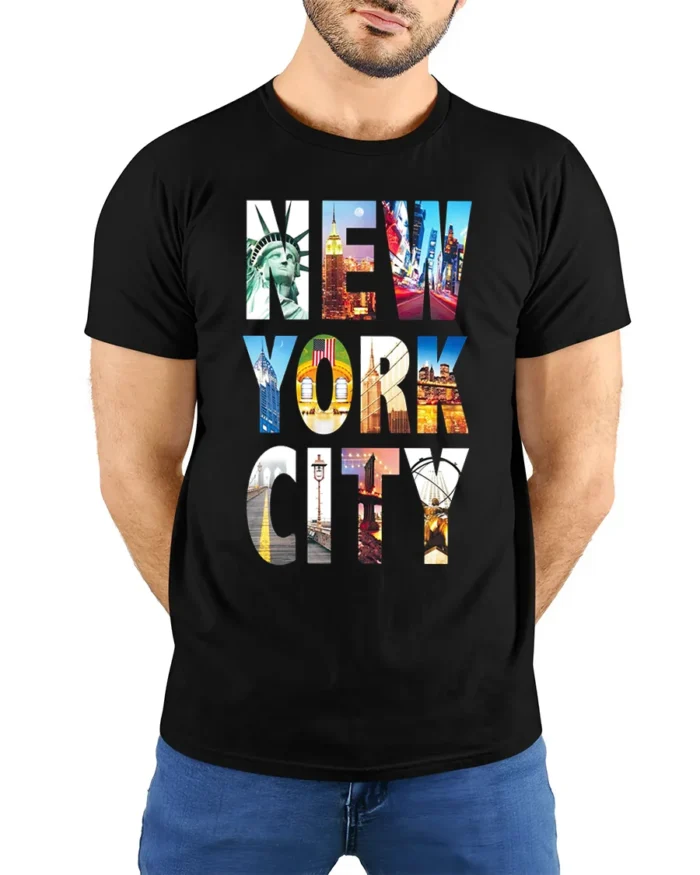 New York City Landmarks T-Shirt NYC Skyline Graphic - model wearing black shirt, hands behind back