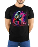 Astronaut Playing Guitar T-Shirt Space Rock Music - model wearing black shirt, hands behind back