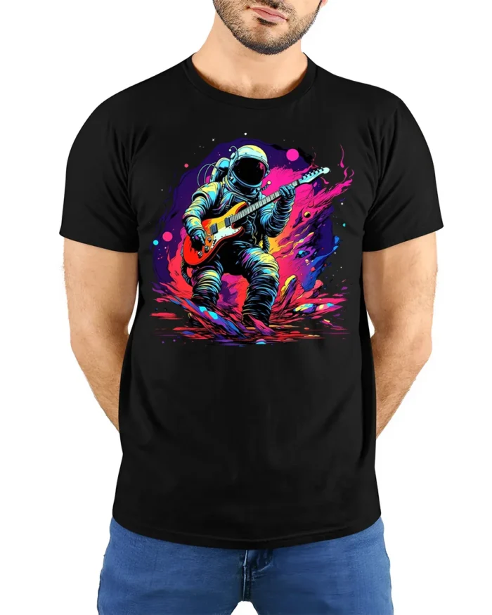 Astronaut Playing Guitar T-Shirt Space Rock Music - model wearing black shirt, hands behind back