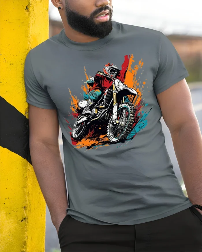 Motocross Dirt Bike T-Shirt Extreme Rider Graphic - model in grey shirt leaning against column