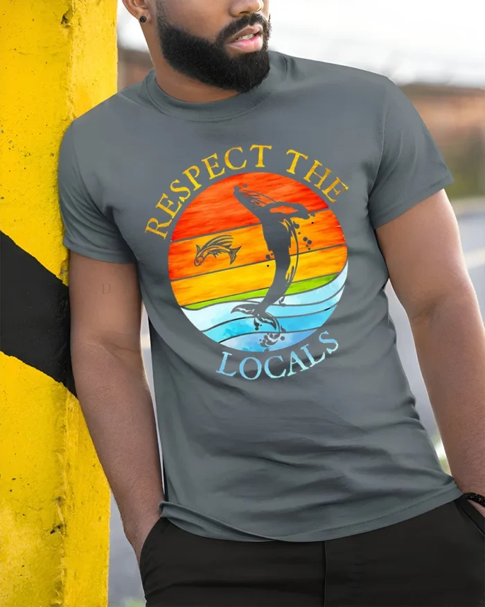 Respect the Locals T-Shirt Ocean Wildlife Sunset - model in grey shirt leaning against column