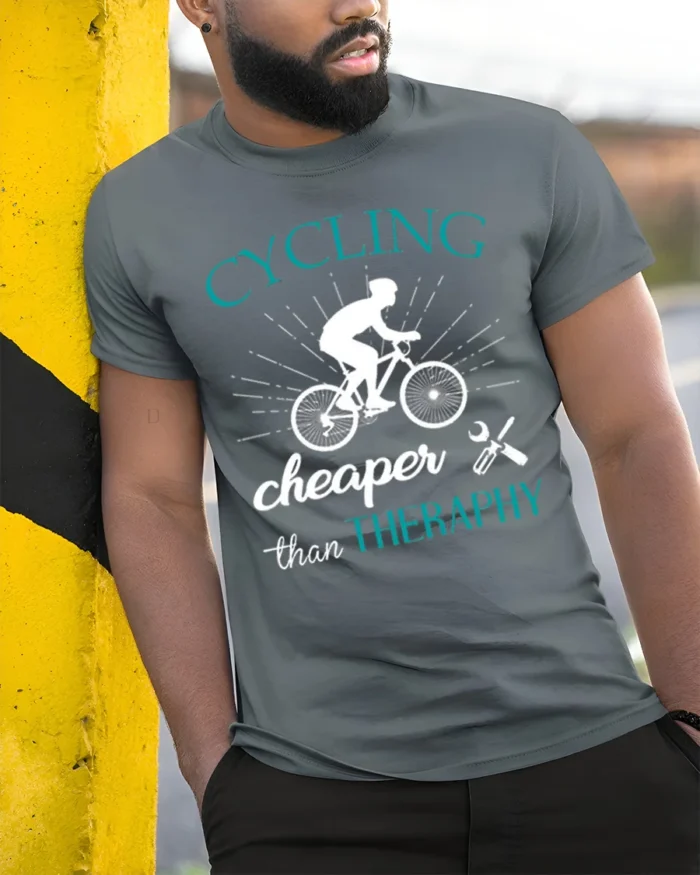 Cycling Cheaper Than Therapy T-Shirt for Bikers and Riders - model in grey shirt leaning against column
