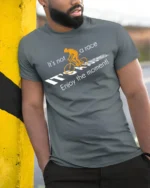 Cycling Journey T-Shirt It’s Not a Race Inspirational - model in grey shirt leaning against column