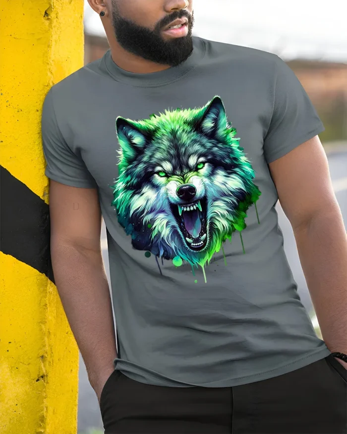 Neon Wolf T-Shirt Fierce Glowing Wild Animal Graphic - model in grey shirt leaning against column